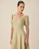 Green Sweetheart Neck Shirred Midi Dress - Threadford