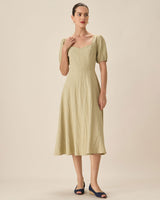 Green Sweetheart Neck Shirred Midi Dress - Threadford
