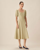 Green Sweetheart Neck Shirred Midi Dress - Threadford