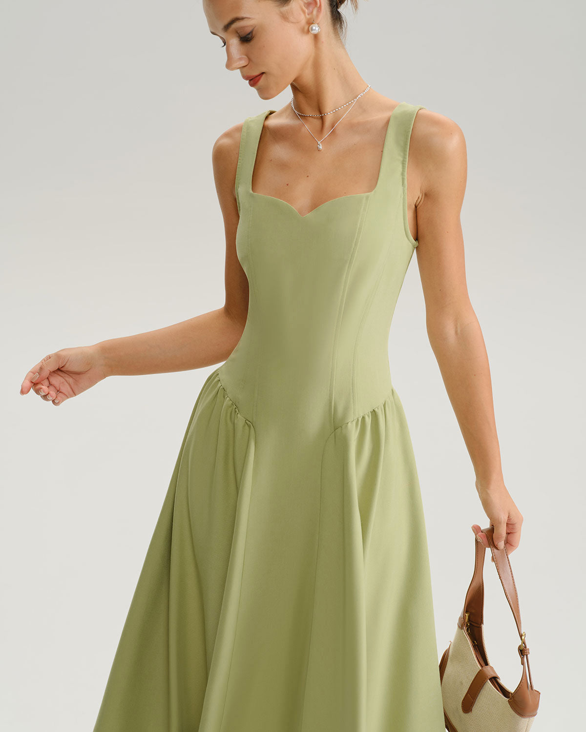 Green Sweetheart Neck Slip Midi Dress - Threadford