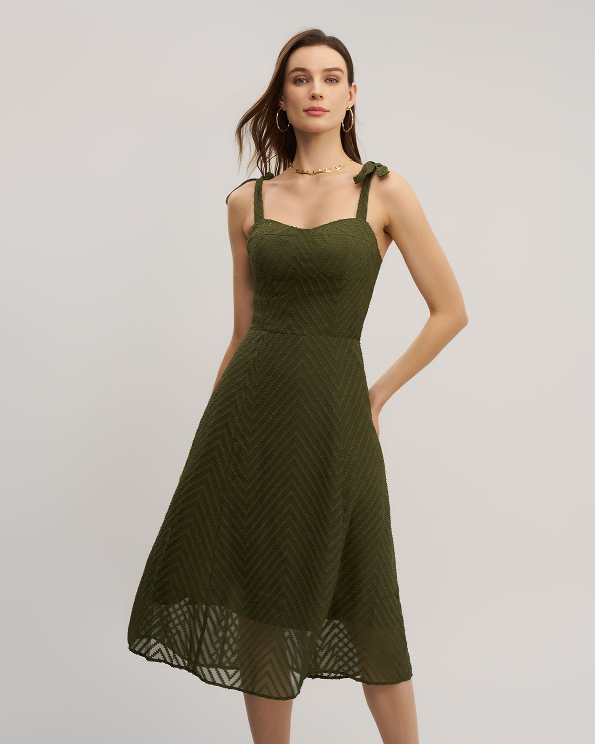 Green Sweetheart Neck Tie Strap Midi Dress - Threadford