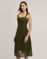 Green Sweetheart Neck Tie Strap Midi Dress - Threadford