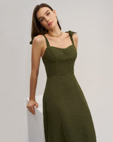 Green Sweetheart Neck Tie Strap Midi Dress - Threadford