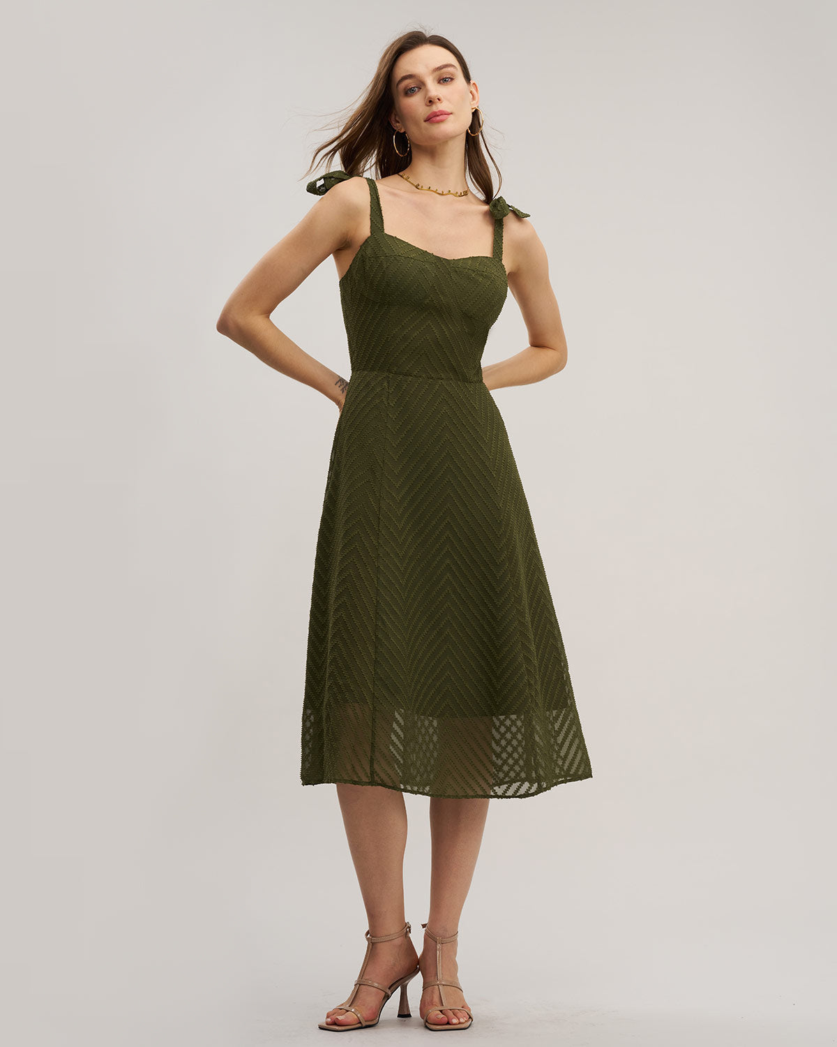 Green Sweetheart Neck Tie Strap Midi Dress - Threadford