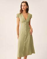 Green V-Neck Button Midi Dress - Threadford