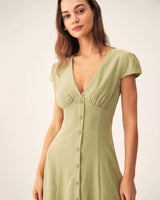 Green V-Neck Button Midi Dress - Threadford