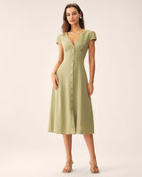 Green V-Neck Button Midi Dress - Threadford