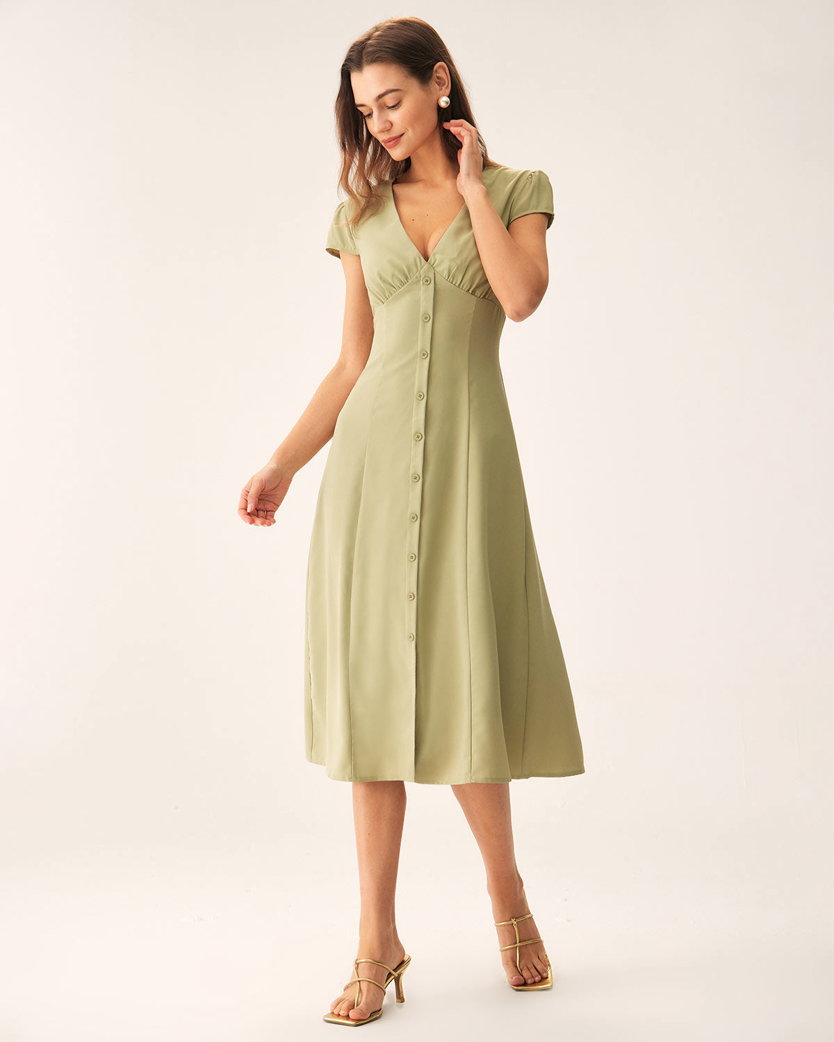 Green V-Neck Button Midi Dress - Threadford