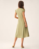 Green V-Neck Button Midi Dress - Threadford