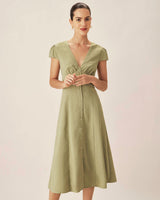 Green V-Neck Button Midi Dress - Threadford
