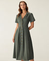 Green V Neck Pleated Button Midi Dress - Threadford