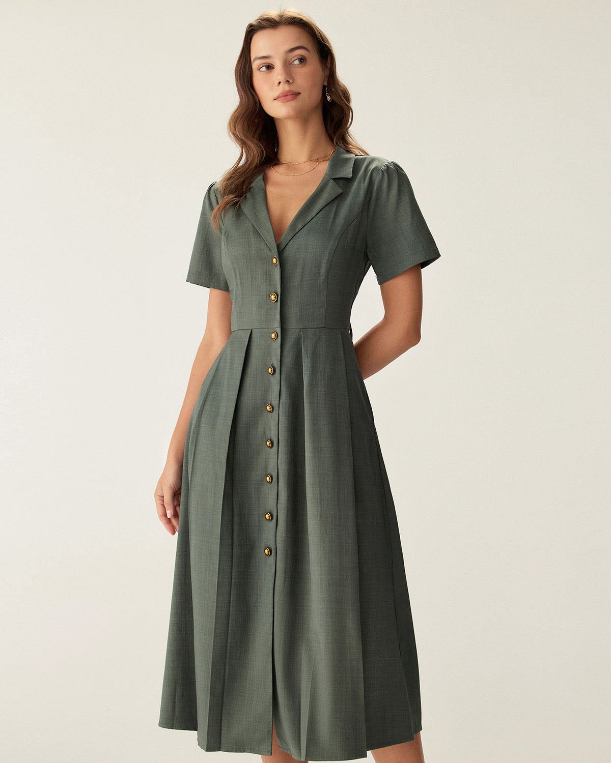 Green V Neck Pleated Button Midi Dress - Threadford