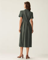 Green V Neck Pleated Button Midi Dress - Threadford