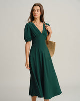 Green V Neck Ruched Midi Dress - Threadford