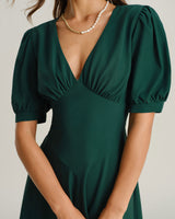 Green V Neck Ruched Midi Dress - Threadford