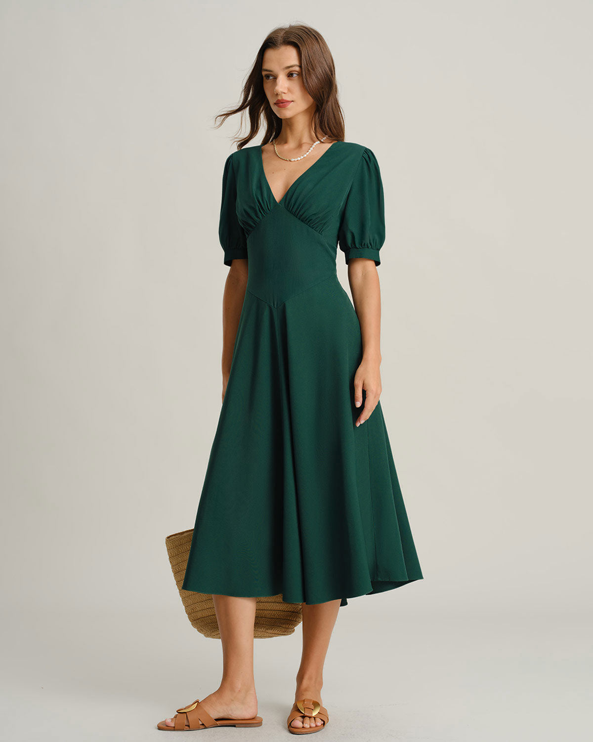 Green V Neck Ruched Midi Dress - Threadford