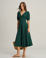 Green V Neck Ruched Midi Dress - Threadford
