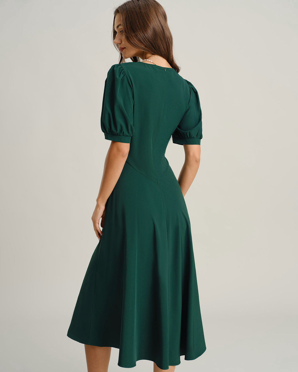 Green V Neck Ruched Midi Dress - Threadford