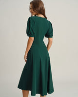 Green V Neck Ruched Midi Dress - Threadford