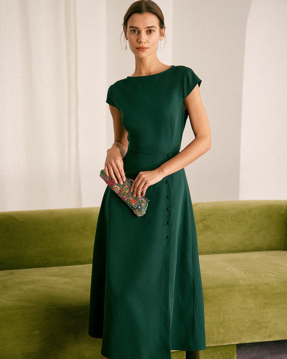 The Green Boat Neck Cutout Back Midi Dress - Threadford