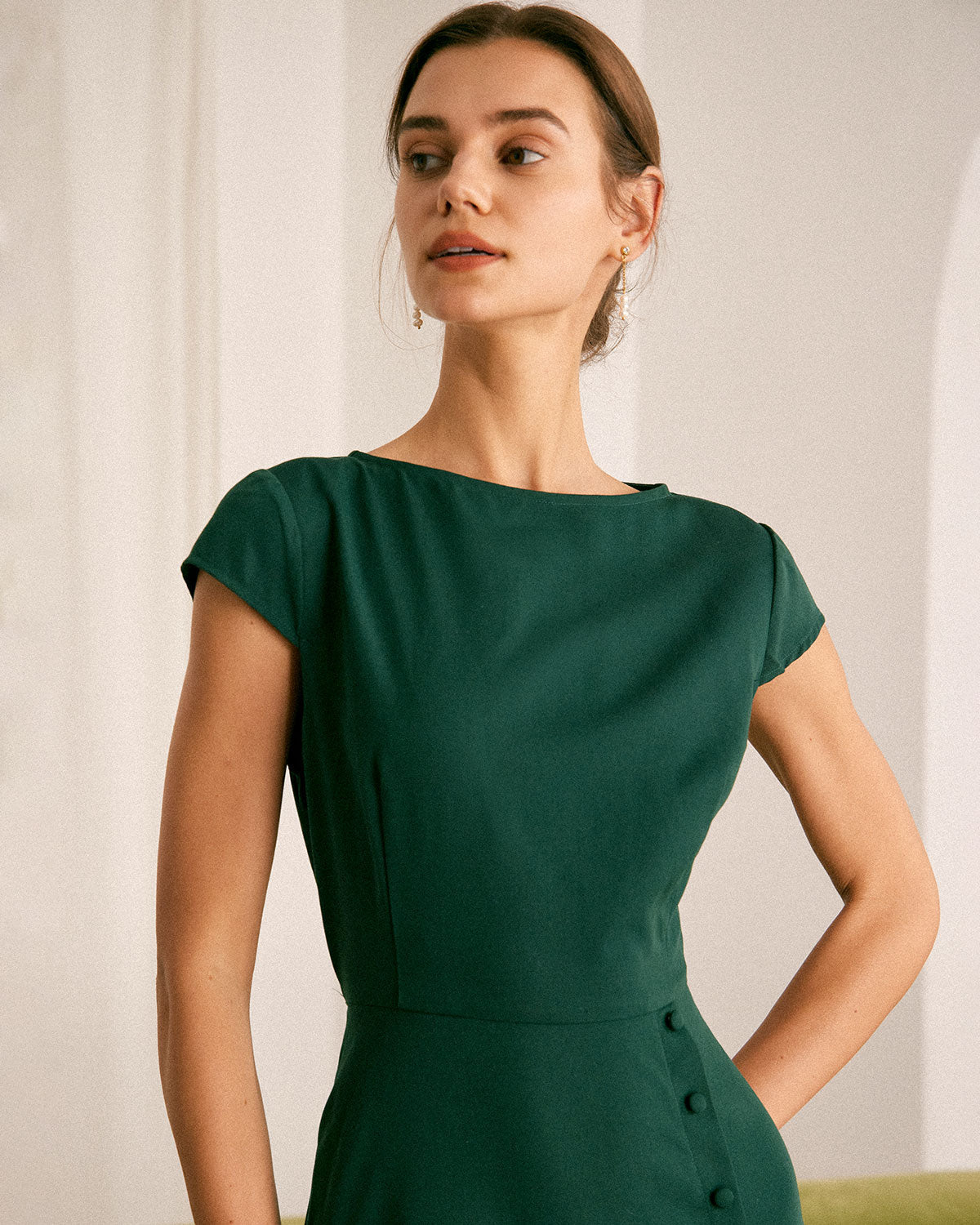 The Green Boat Neck Cutout Back Midi Dress - Threadford