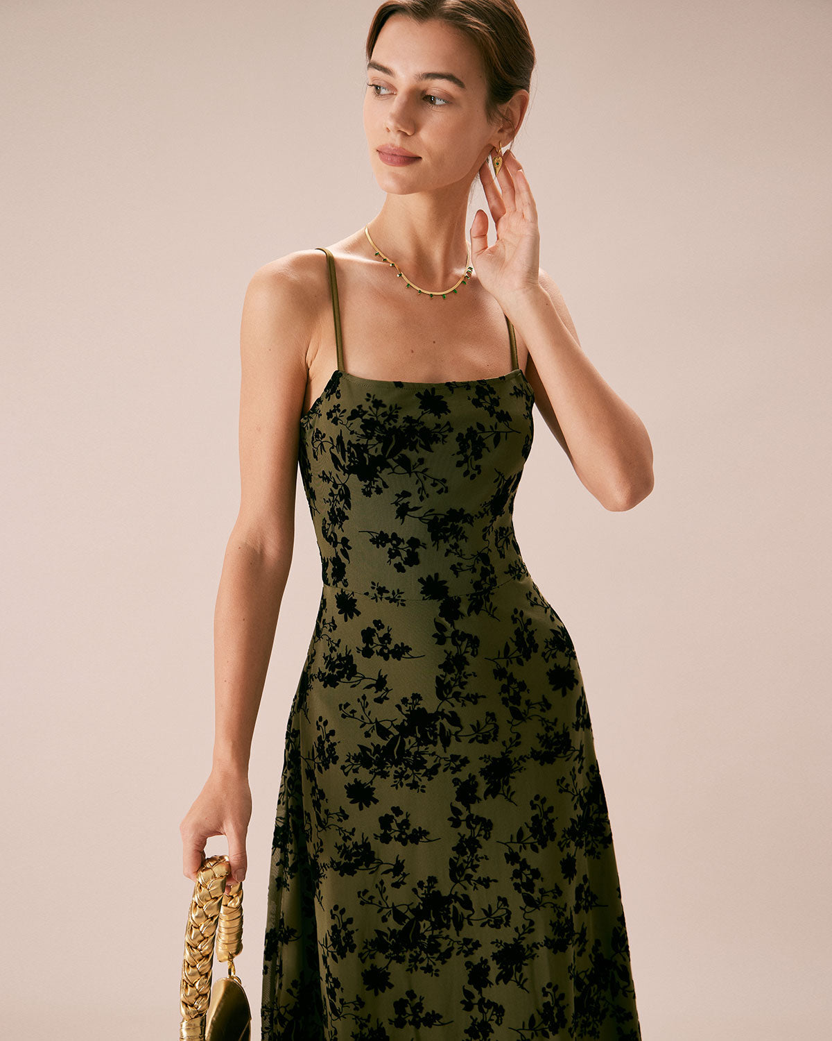 The Green Floral Burnout A-Line Slip Midi Dress - Threadford