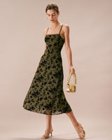 The Green Floral Burnout A-Line Slip Midi Dress - Threadford