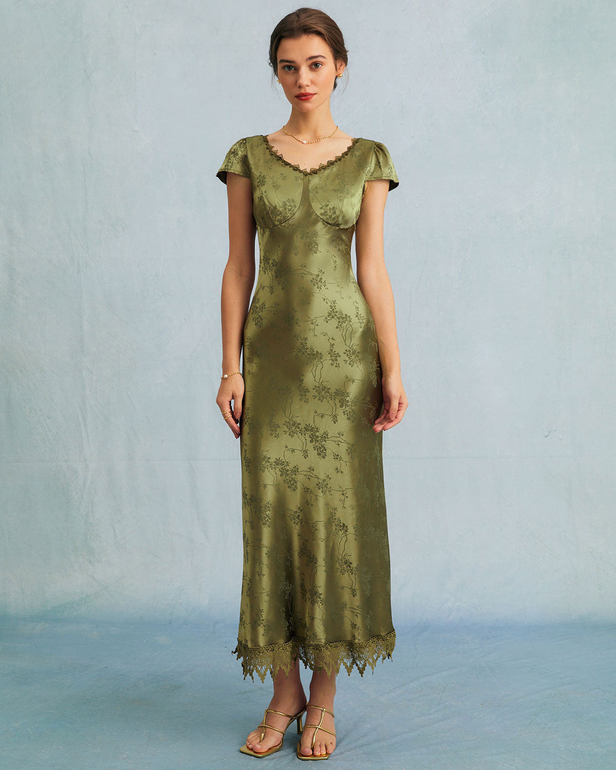 The Green Jacquard Cap Sleeve Satin Midi Dress - Threadford