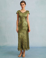 The Green Jacquard Cap Sleeve Satin Midi Dress - Threadford