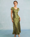 The Green Jacquard Cap Sleeve Satin Midi Dress - Threadford