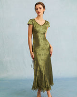 The Green Jacquard Cap Sleeve Satin Midi Dress - Threadford