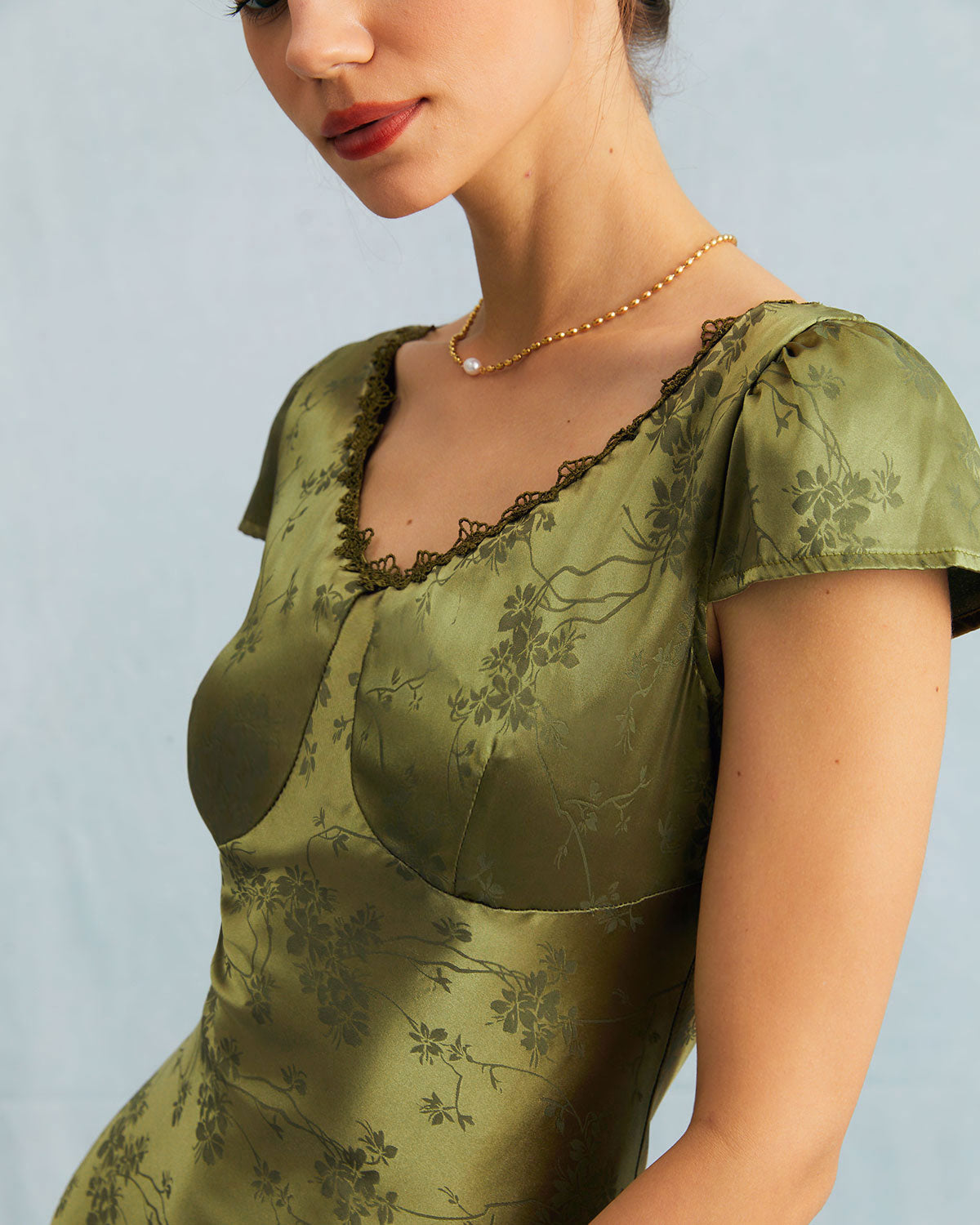 The Green Jacquard Cap Sleeve Satin Midi Dress - Threadford