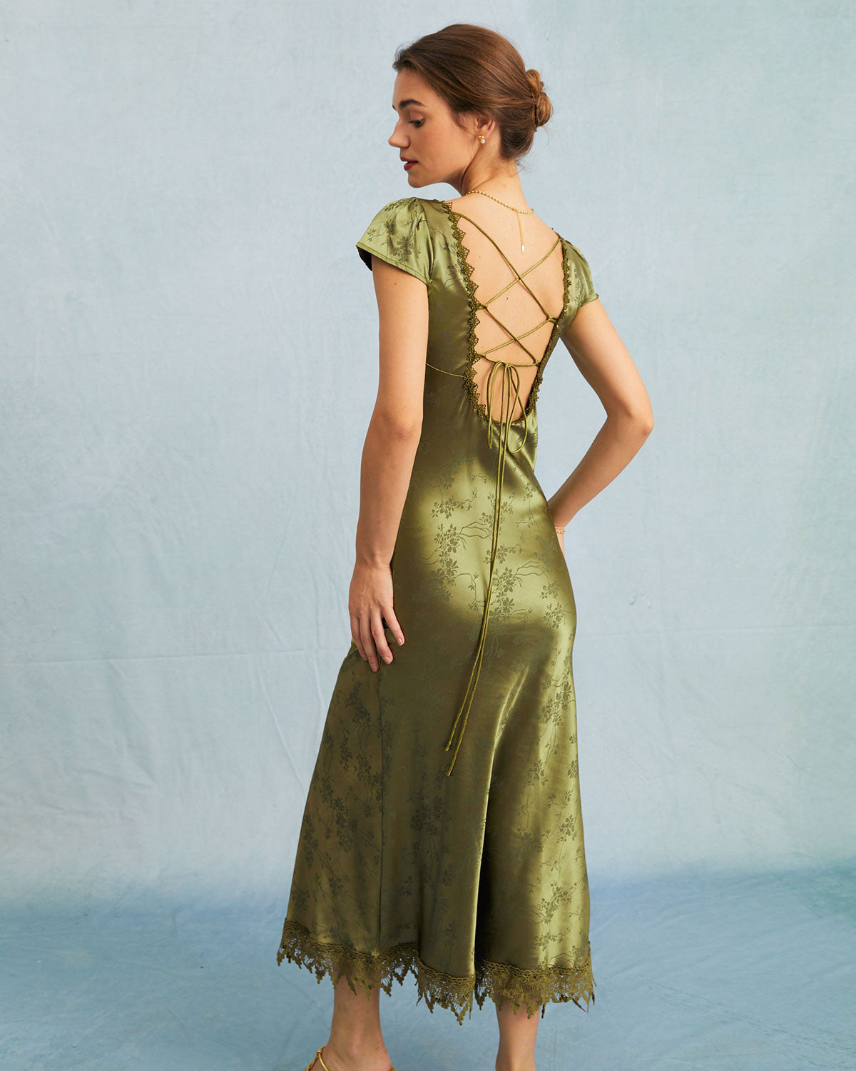 The Green Jacquard Cap Sleeve Satin Midi Dress - Threadford