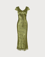The Green Jacquard Cap Sleeve Satin Midi Dress - Threadford