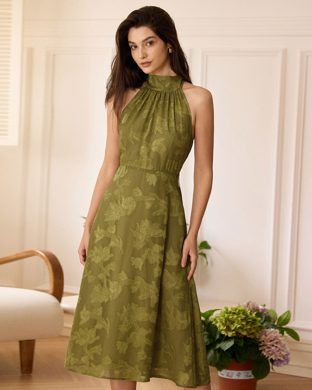 The Green Jacquard Ruched Halter Midi Dress - Threadford