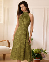 The Green Jacquard Ruched Halter Midi Dress - Threadford