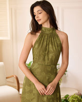 The Green Jacquard Ruched Halter Midi Dress - Threadford