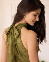 The Green Jacquard Ruched Halter Midi Dress - Threadford