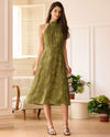 The Green Jacquard Ruched Halter Midi Dress - Threadford
