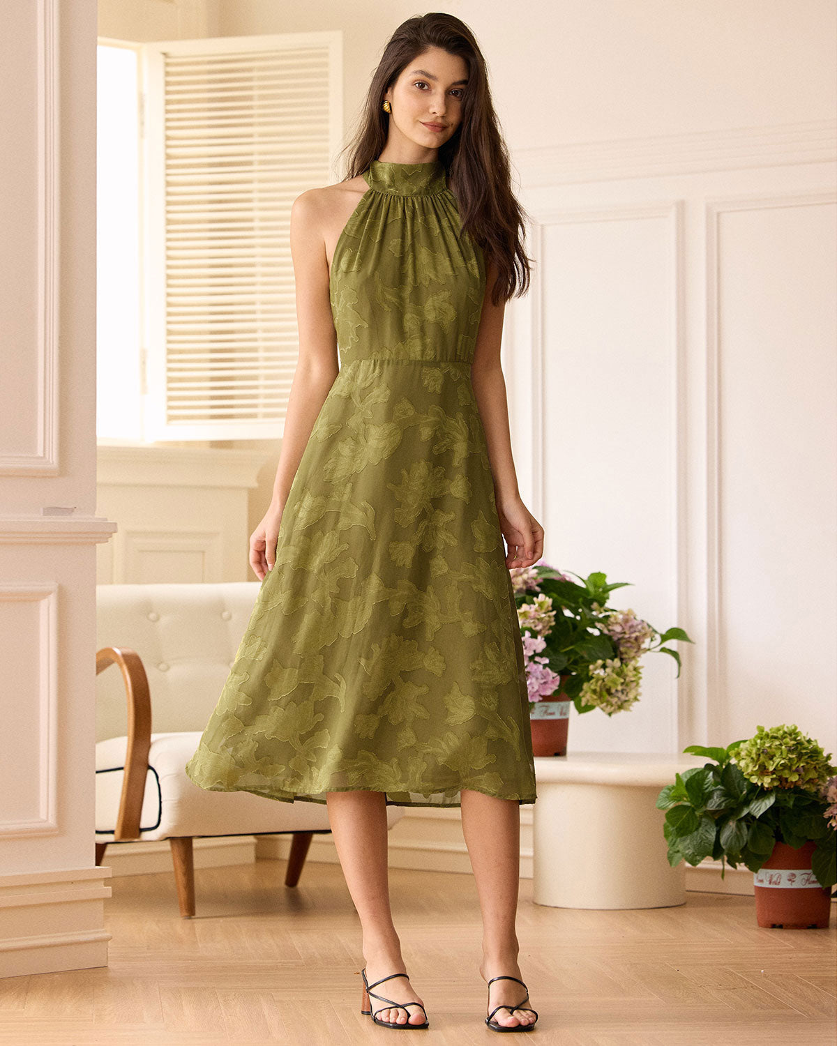The Green Jacquard Ruched Halter Midi Dress - Threadford