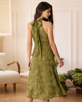 The Green Jacquard Ruched Halter Midi Dress - Threadford