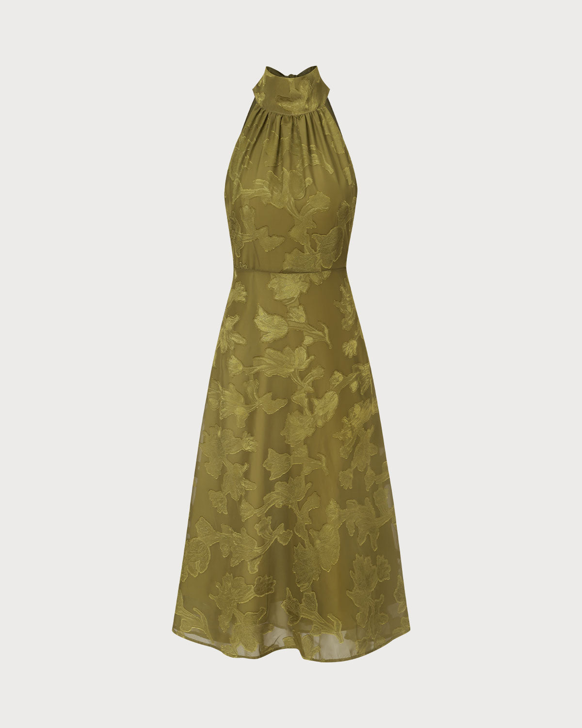The Green Jacquard Ruched Halter Midi Dress - Threadford