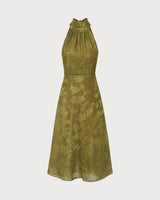 The Green Jacquard Ruched Halter Midi Dress - Threadford