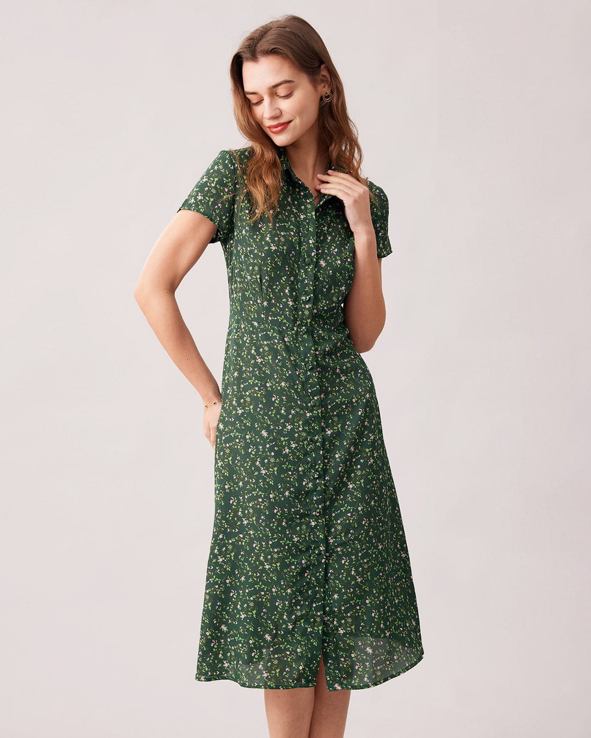 The Green Lapel Button Up Floral Midi Dress - Threadford