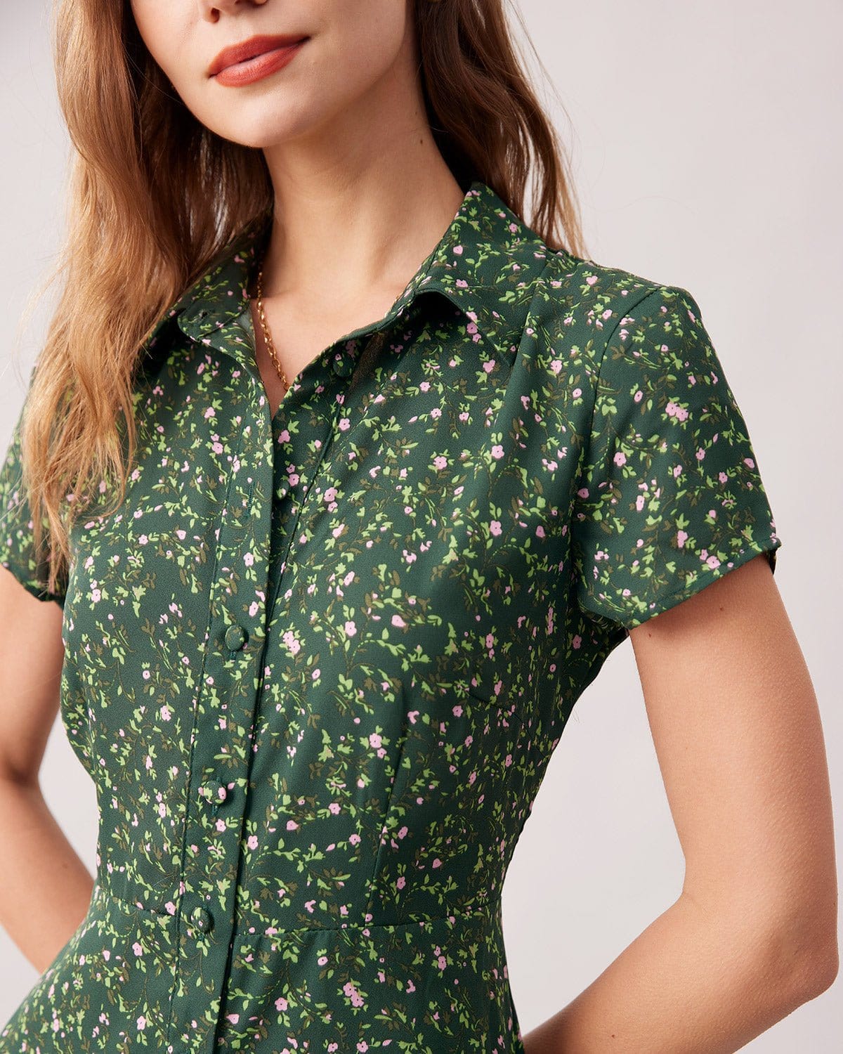 The Green Lapel Button Up Floral Midi Dress - Threadford