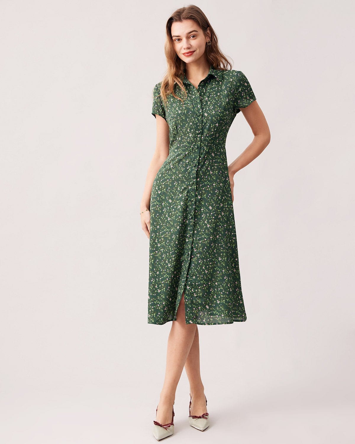 The Green Lapel Button Up Floral Midi Dress - Threadford