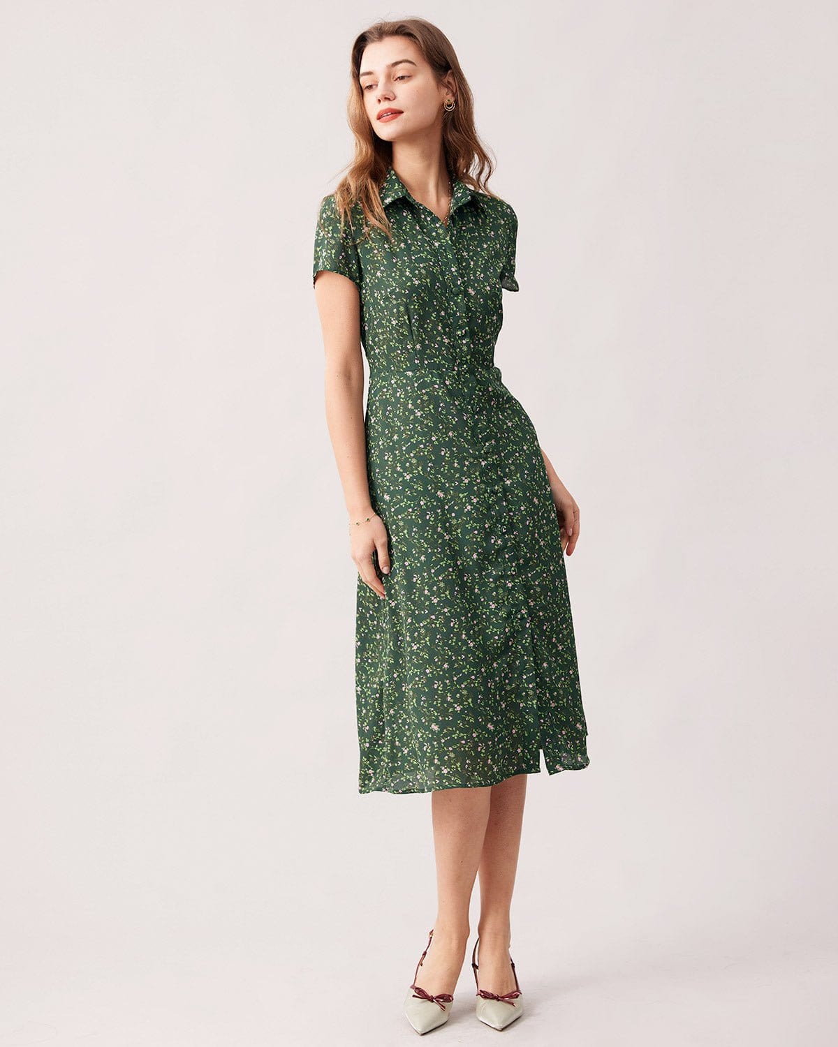 The Green Lapel Button Up Floral Midi Dress - Threadford