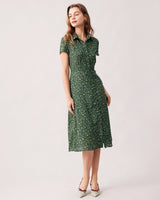 The Green Lapel Button Up Floral Midi Dress - Threadford