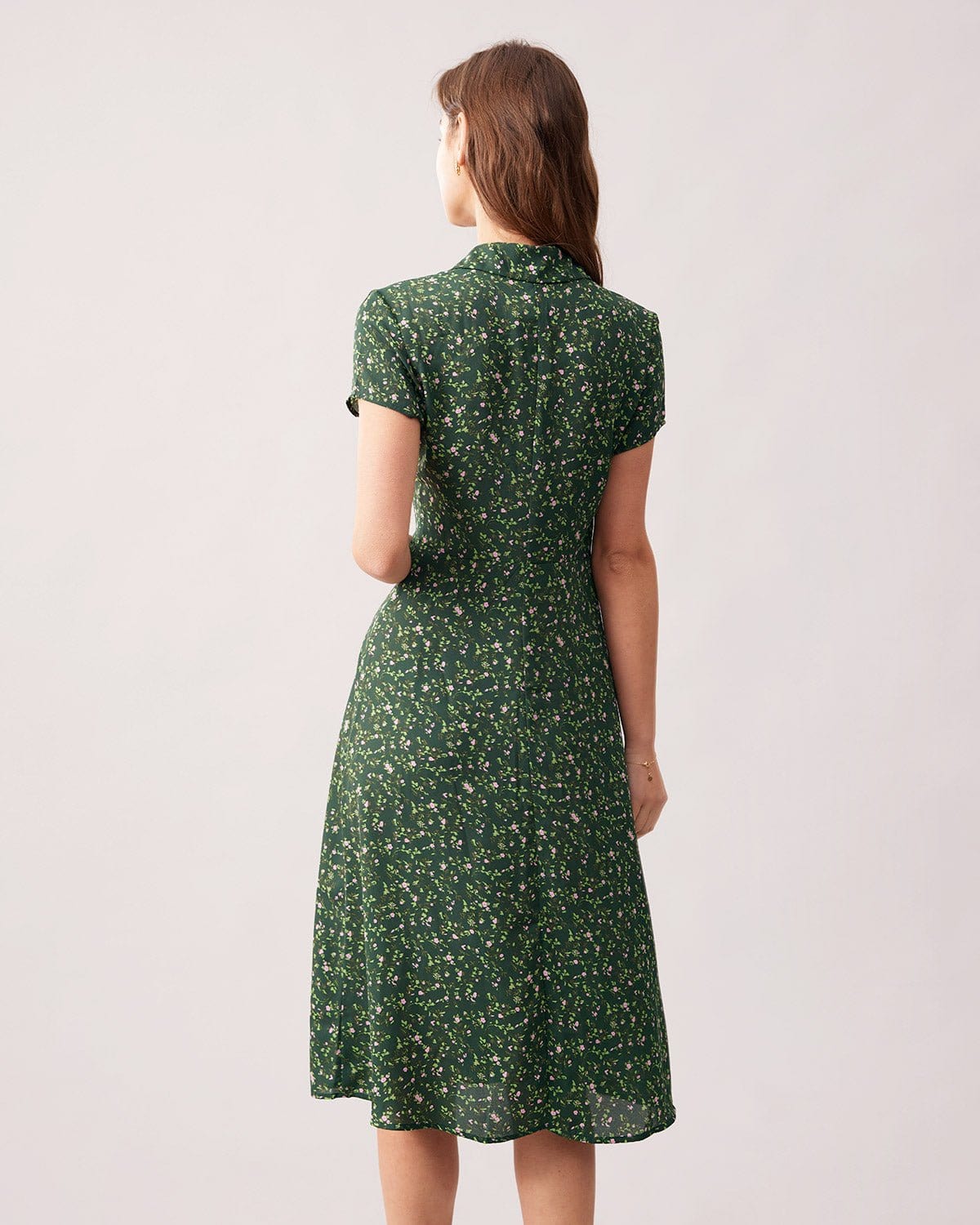 The Green Lapel Button Up Floral Midi Dress - Threadford