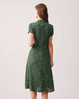 The Green Lapel Button Up Floral Midi Dress - Threadford